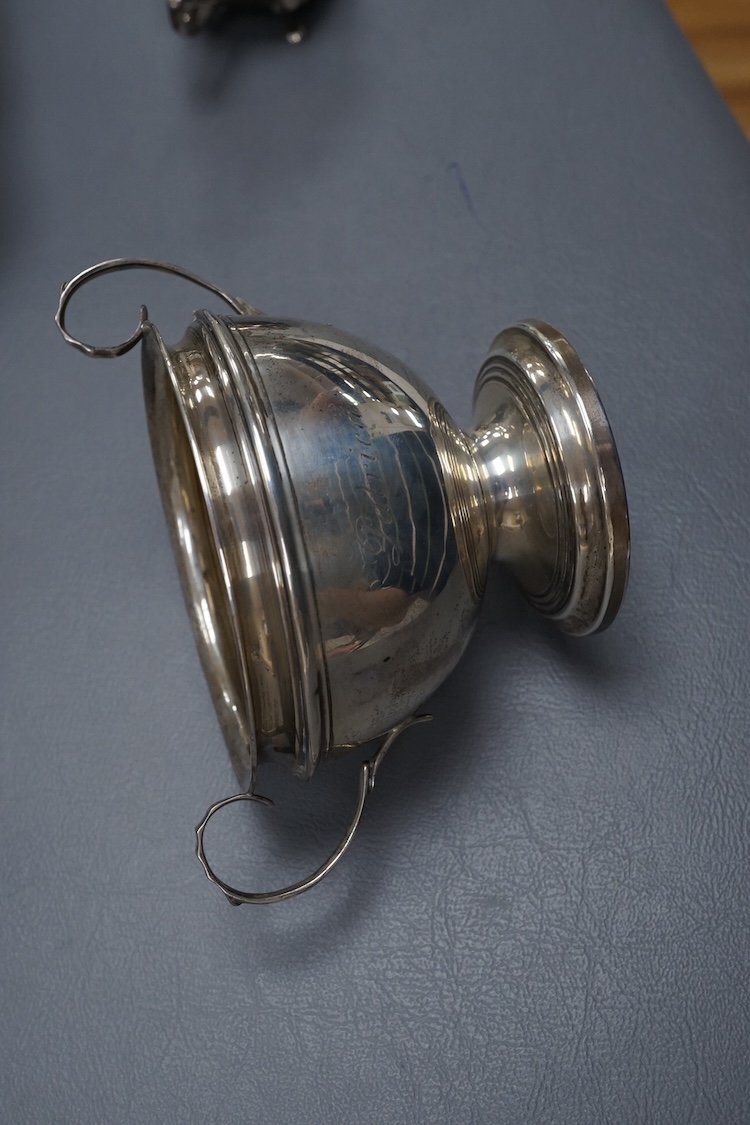 A group of silver to include Greek 800 white metal dish, 15.9cm, a white metal christening cup(tests as silver), Gorham mustard, one other silver mustard and a two handled vase.